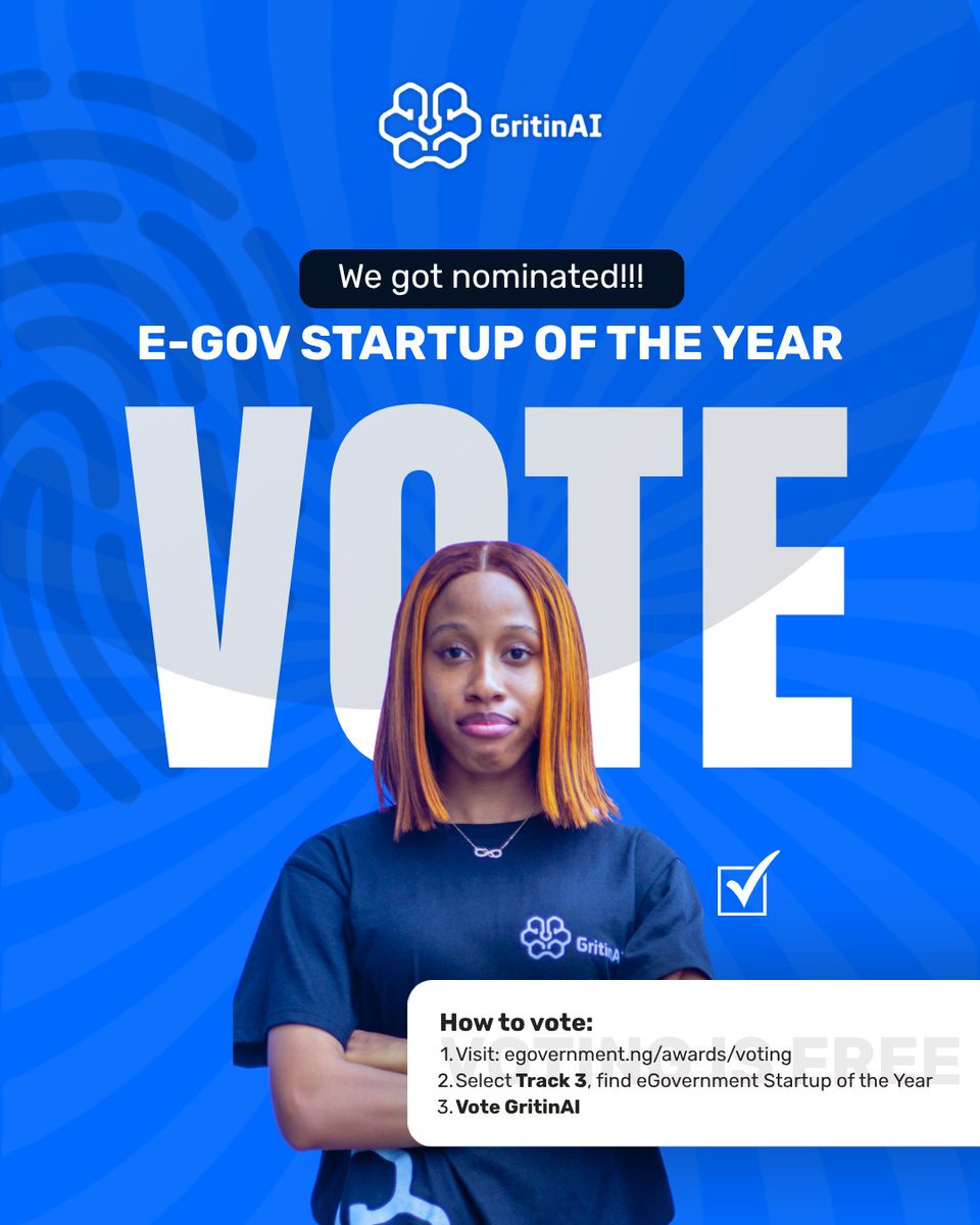 gritinai's tweet photo. We're thrilled to share that GritinAI has been nominated for eGovernment Startup of the Year at the 2026 Nigeria eGovernment Excellence Awards! 🏆

This nomination is all about you, the ones who've believed in what we're building and stood by us every step of the way. https://t.co/B1K5mz6Pn0