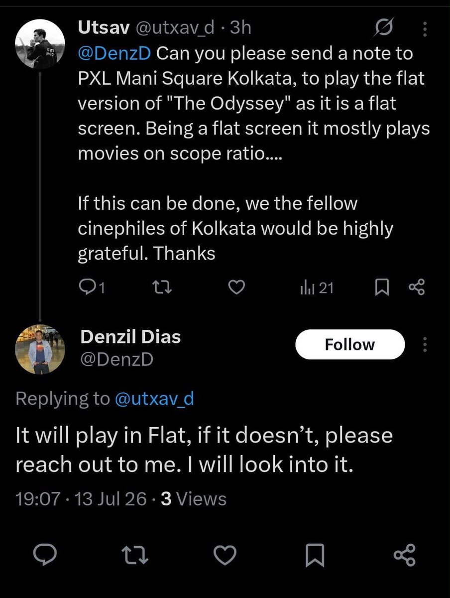 cosmo_9529's tweet photo. I woke up today to the unfortunate news that PVR Mani Square is no longer playing the flat DCP of The Odyssey on their PXL screen. I booked a ticket for today’s 4:00 PM show specifically because @DenzD had confirmed that a flat DCP would be shown.
@DenzD @_PVRCinemas https://t.co/VR1Ml8KCvS