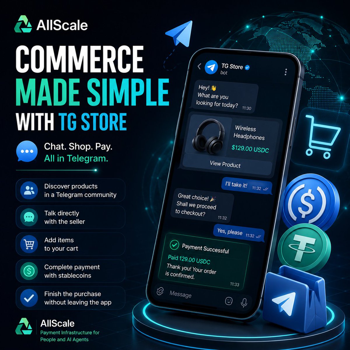 FFozle77586's tweet photo. Most people think the biggest challenge for crypto is scalability.

I believe the bigger challenge is usability.

Today,buying a product with crypto often means dealing with unnecessary friction:

- Switching between multiple apps
- Copying wallet addresses
- Confirming the correct network
- Waiting for payment confirmation

Every extra step increases the chance that a customer abandons the purchase.

That's where @allscaleio 's TG Store takes a different approach.

Instead of separating communication from checkout, AllScale brings the entire shopping experience directly into Telegram, making crypto payments much more intuitive.

A typical journey becomes:

- Discover products in a Telegram community
- Chat directly with the seller
- Add items to your cart
- Pay with stablecoins
- Complete the purchase without ever leaving Telegram

This is where AllScale stands out. It focuses on removing friction so merchants can sell and users can pay without the complexity that often comes with crypto.

Convenience is what drives mass adoption.

People rarely choose the most advanced technology.They choose the experience that's the easiest to use.

If paying with stablecoins becomes as simple as sending a Telegram message, #AllScale could help move crypto beyond speculation and toward real everyday commerce.

That's why I believe improving the user experience may be even more important than improving the blockchain itself.