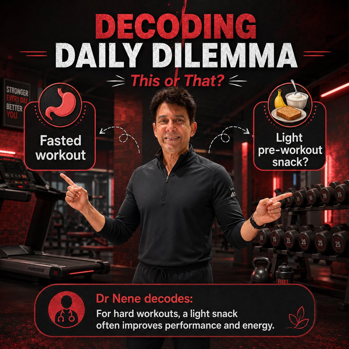 DoctorNene's tweet photo. Fasted workouts work for some.
But if your energy drops, your workout suffers.
For hard sessions, a light snack can improve performance and consistency.
Train the body you have today - not the rule you read online.
#DecodingDailyDilemma #Fitness #WorkoutFuel #Nutrition #DrNene