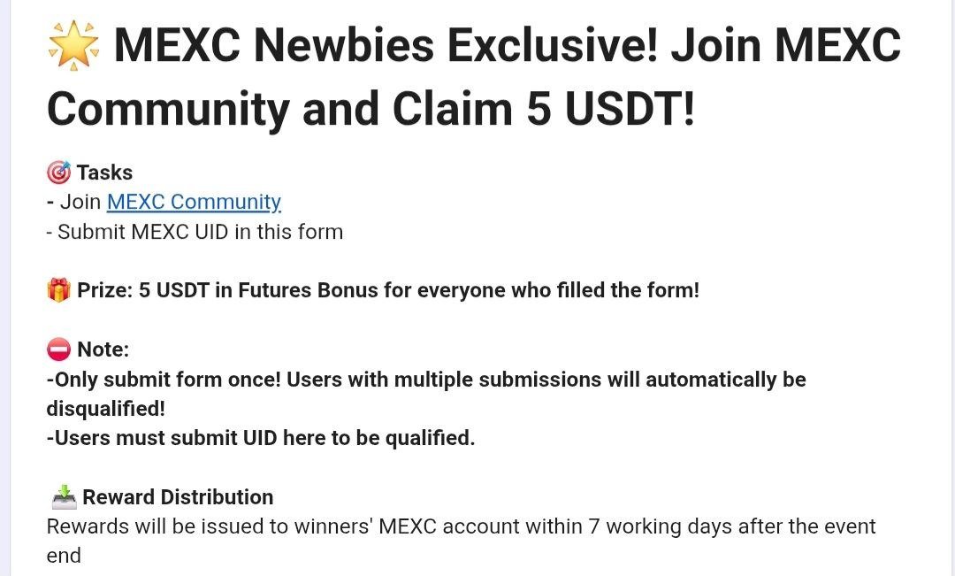 Milonsa87650356's tweet photo. $5 USDT Futures Bonus

MEXC Community Event

Available For Users.

Form:
https://t.co/gpxyOwEgxl

Process:

- Join the MEXC Community
- Submit your MEXC UID
- Complete the form
- Done

📍If you don't have a MEXC account, register first and get your UID before submitting the form.

Rewards will be distributed within 7 working days after the event ends.

Good Luck.