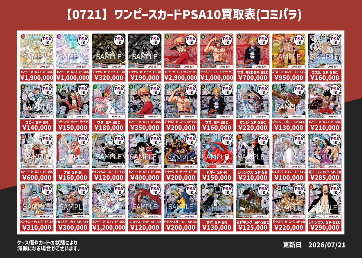 ワンピースカードPSA10買取表