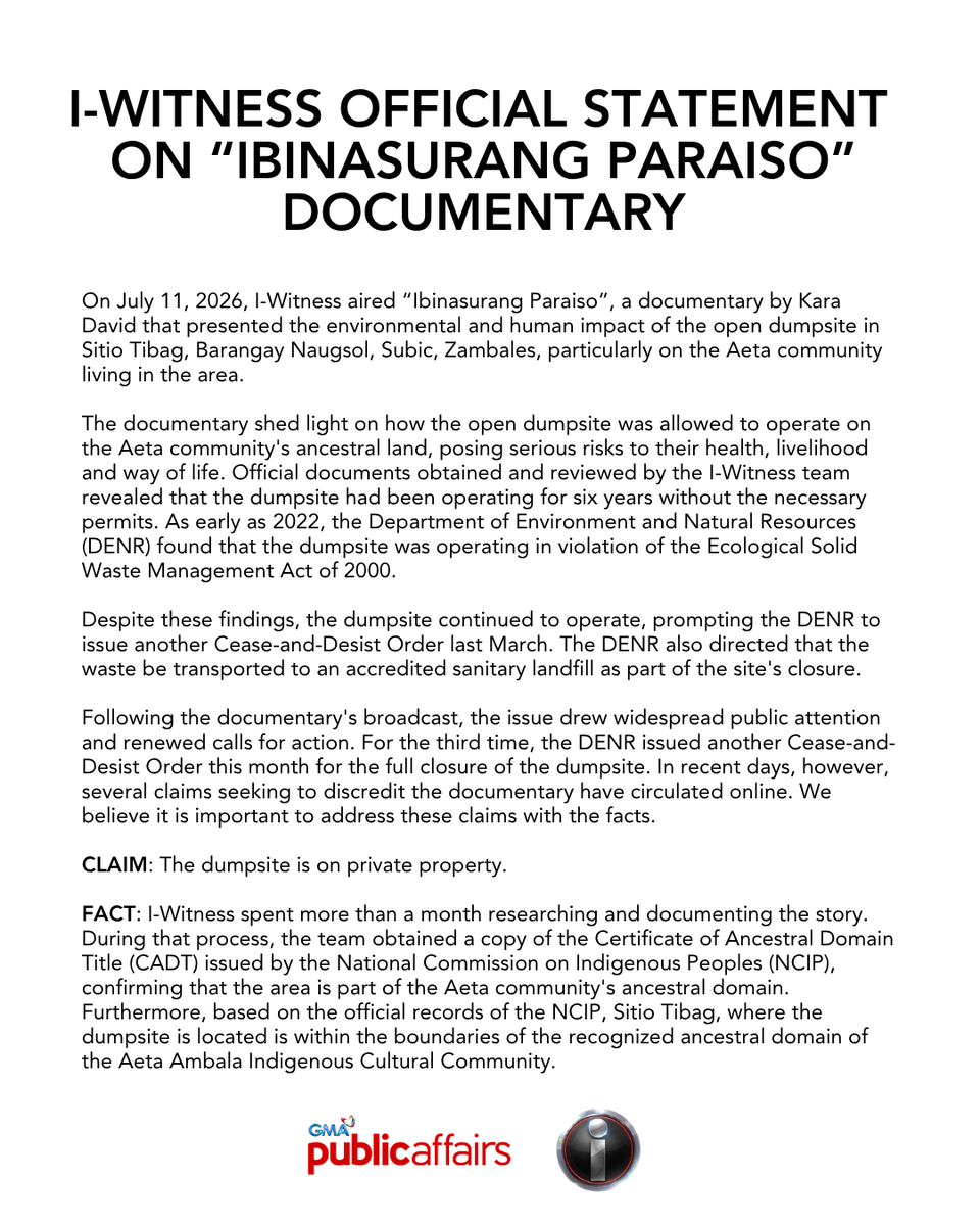 IWitnessGMA's tweet photo. I-WITNESS OFFICIAL STATEMENT ON “IBINASURANG PARAISO” DOCUMENTARY https://t.co/PoyqUjrvo1