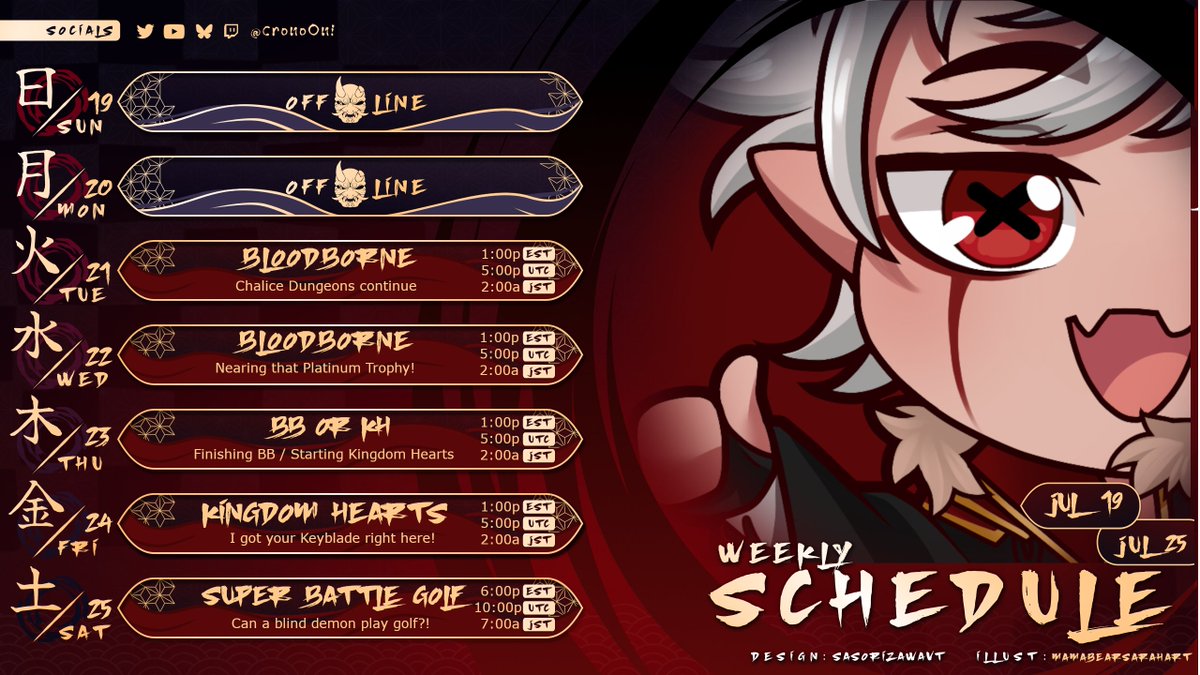 CronoOni's tweet photo. A wild schedule appears!
This week we'll be pushing to platinum Bloodborne, Starting the Kingdom Hearts series, and seeing if a Blind Oni can... (Super Battle) Golf?! I'll see you there!👹
#streamschedule #twitchschedule #CronoOni
🎨:@MamaSaraBearArt https://t.co/YzbbWJJ9wN
