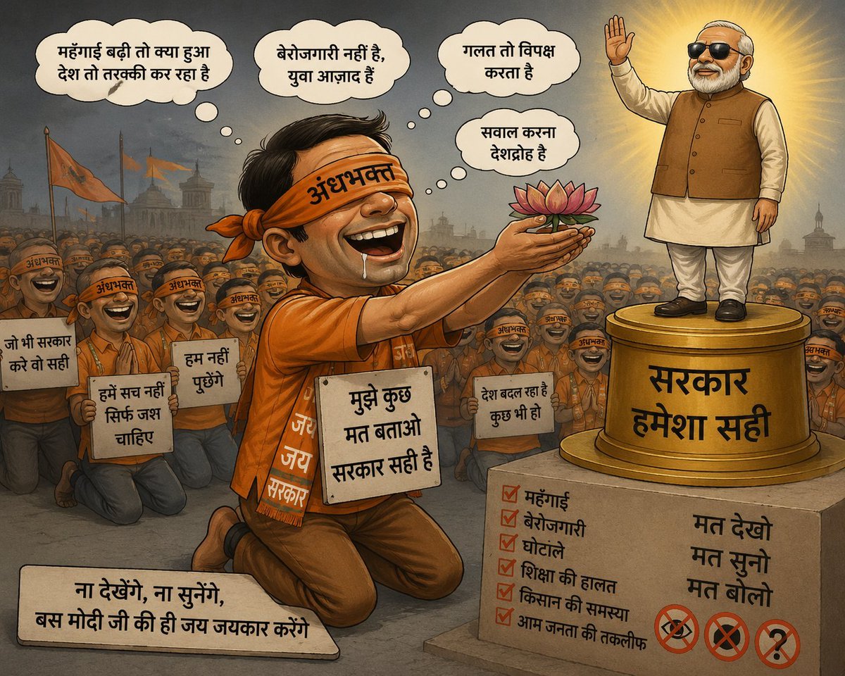 Munnarajputtt's tweet photo. अंधभक्ति किसी भी लोकतंत्र के लिए खतरनाक है।
सच्चा नागरिक वही है जो अच्छे काम की सराहना करे, लेकिन गलत नीतियों पर सवाल भी पूछे। सरकारें जनता के प्रति जवाबदेह होती हैं, इसलिए प्रश्न करना लोकतंत्र की ताकत है, कमजोरी नहीं।
#संसद_मार्च #cjp #govtofindia #cjp_पार्टी #Bjp https://t.co/L5GV8173EO
