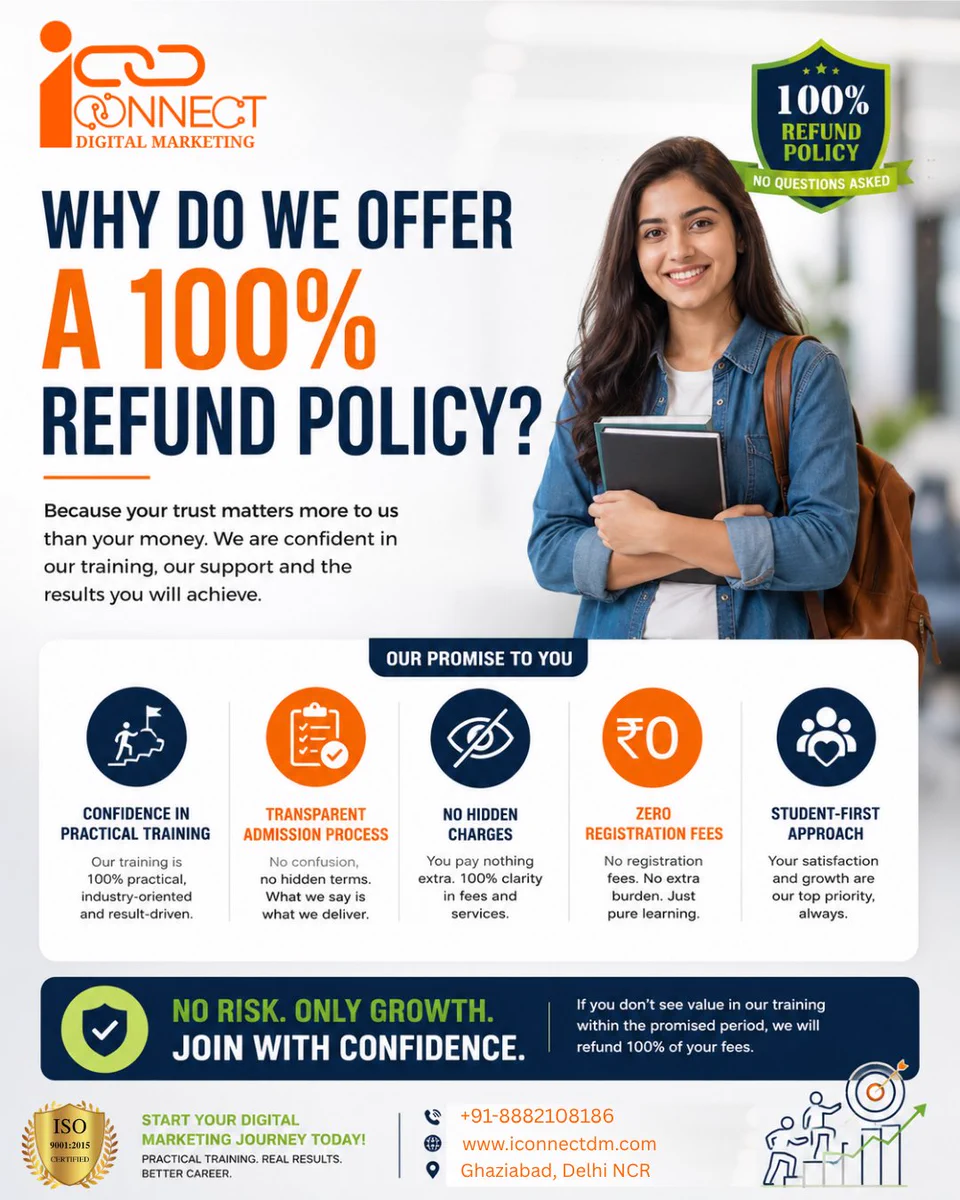 100% refund policy for digital marketing course in Ghaziabad by iConnect Digital Marketing featuring a student with books, practical training, transparent admission process, zero registration fees, student-first approach, and industry-focused digital marketing education.