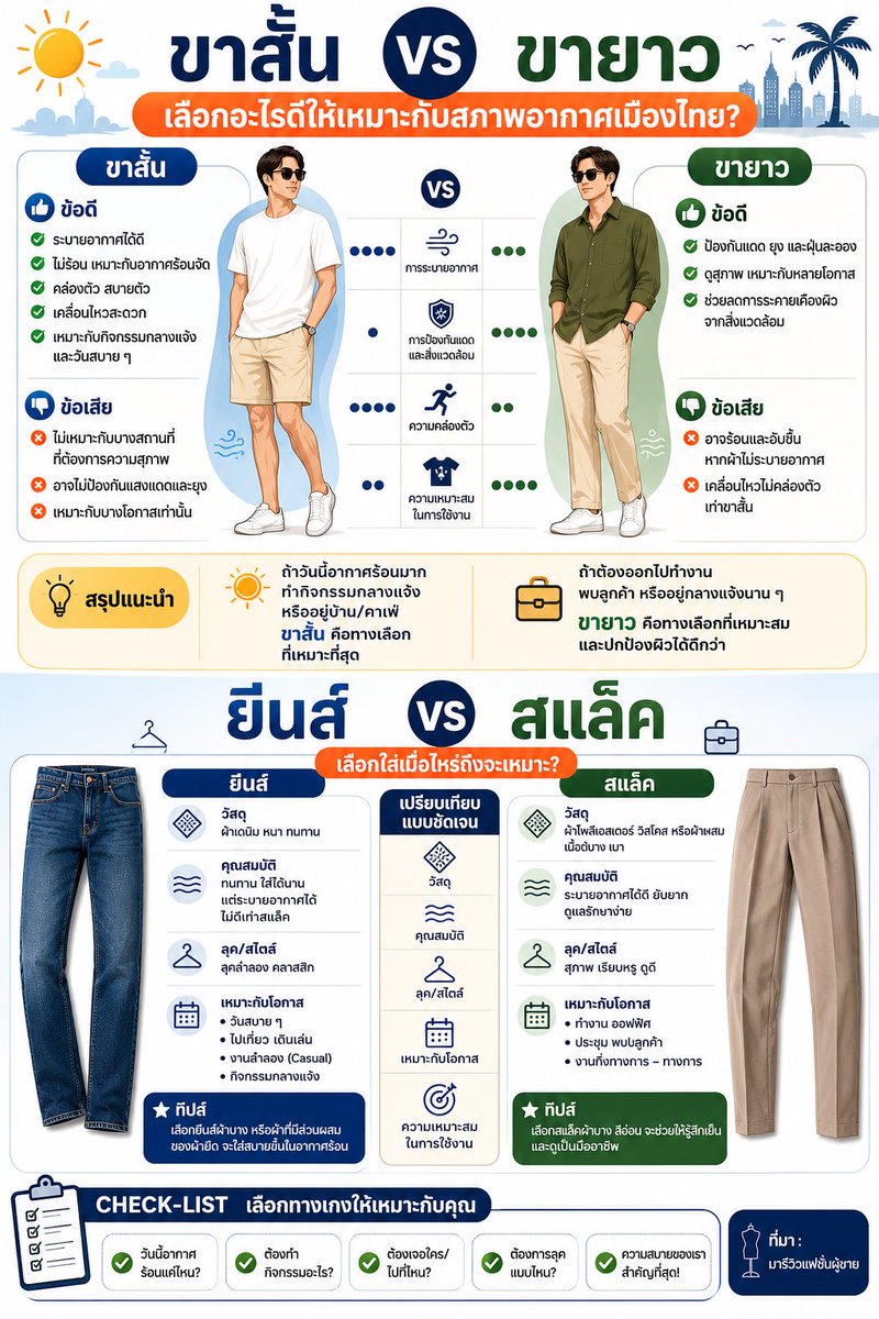 krunopcp's tweet photo. 👖☀️ ขาสั้น vs ขายาว | ยีนส์ vs สแล็ค เลือกแบบไหนให้เหมาะกับสภาพอากาศเมืองไทย?
การแต่งตัวไม่ใช่แค่เรื่องของสไตล์ แต่ยังส่งผลต่อความสบาย ความคล่องตัว และความเหมาะสมในแต่ละโอกาสอีกด้วย อินโฟกราฟิกนี้สรุปข้อดี ข้อเสีย และแนวทางเลือกกางเกงให้เหมาะกับการใช้งานจริง เพื่อช่วยให้ตัดสินใจได้ง่ายขึ้น
📌 ขาสั้น ✅ ระบายอากาศดี ใส่สบาย ✅ เหมาะกับอากาศร้อนและกิจกรรมกลางแจ้ง ✅ เคลื่อนไหวสะดวก ⚠️ ป้องกันแสงแดด ฝุ่น และแมลงได้น้อยกว่า
📌 ขายาว ✅ ช่วยป้องกันแสงแดด ฝุ่นละออง และแมลง ✅ ดูสุภาพ เหมาะกับการทำงานและโอกาสทางการ ✅ ลดการสัมผัสผิวกับสภาพแวดล้อม ⚠️ อาจร้อนกว่า หากเลือกเนื้อผ้าไม่เหมาะกับอากาศ
👖 ยีนส์
•แข็งแรง ทนทาน
•เหมาะกับลุคลำลอง ใส่ได้หลายโอกาส
•ควรเลือกผ้าที่ไม่หนาจนเกินไป หากต้องใส่ในอากาศร้อน
👔 สแล็ค
•เนื้อผ้าเบา ระบายอากาศได้ดี
•ให้ลุคสุภาพ ดูเป็นมืออาชีพ
•เหมาะกับการทำงาน ประชุม หรือพบลูกค้า
✨ สรุปง่าย ๆ ✔️ อากาศร้อน อยู่บ้าน เที่ยว หรือทำกิจกรรมกลางแจ้ง → ขาสั้น คือคำตอบ ✔️ ทำงาน พบลูกค้า หรืออยู่กลางแจ้งนาน ๆ → ขายาว ช่วยปกป้องและดูสุภาพกว่า ✔️ อยากได้ลุคสบาย ๆ → ยีนส์ ✔️ เน้นความเรียบร้อย ดูดี และคล่องตัวในการทำงาน → สแล็ค
💬 แล้วคุณล่ะ...เป็นสาย ขาสั้น หรือ ขายาว? ชอบใส่ ยีนส์ หรือ สแล็ค มากกว่ากัน? มาแชร์ความคิดเห็นกันได้เลย 👇
📍ที่มา: มารีวิวแฟชั่นผู้ชาย
#ขาสั้น #ขายาว #ยีนส์ #สแล็ค #กางเกงผู้ชาย #แฟชั่นผู้ชาย #แต่งตัวผู้ชาย #ผู้ชายแต่งตัว #ไอเดียแต่งตัว #แฟชั่นหน้าร้อน #อากาศเมืองไทย #MenStyle #MensFashion #StyleGuide #Infographic #อินโฟกราฟิก #สาระน่ารู้ #มารีวิวแฟชั่นผู้ชาย