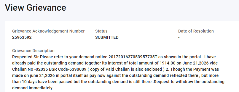 vkmanchanda56's tweet photo. @IncomeTaxIndia Respected Sir It is now one month the payment has been made against outstanding demand and Grievence submitted on 2nd July 2026 in this regard .Your system still showing outstanding demand .Kindly look into the matter and remove the outstanding demand immediately https://t.co/ozKfgTBjgE