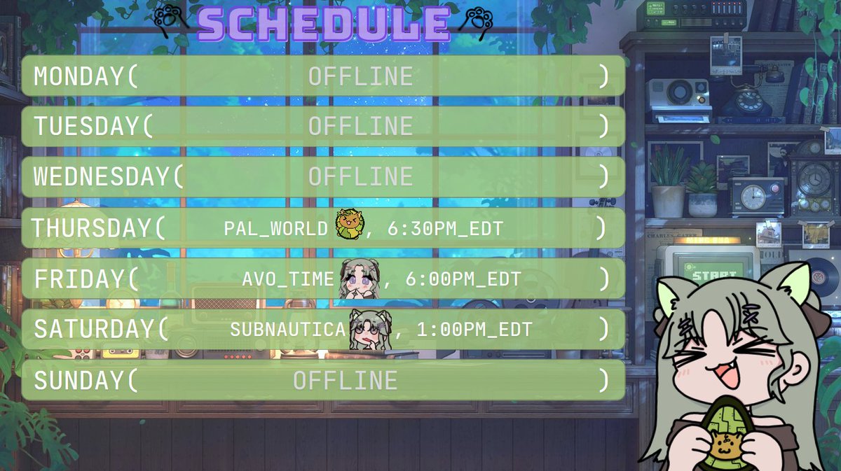 aavochato's tweet photo. Schedule for this week!! ₍^ >⩊< ^₎Ⳋ

Let's go catch some more cute pals on Thursday!! Yippeee!! Then on Friday we'll probably play some more Tavern Manager Simulator or other games. And of course more Subnautica on Saturday!! :3 

Hope to see y'all theree ♡♡♡ https://t.co/QiZEGVvUn6