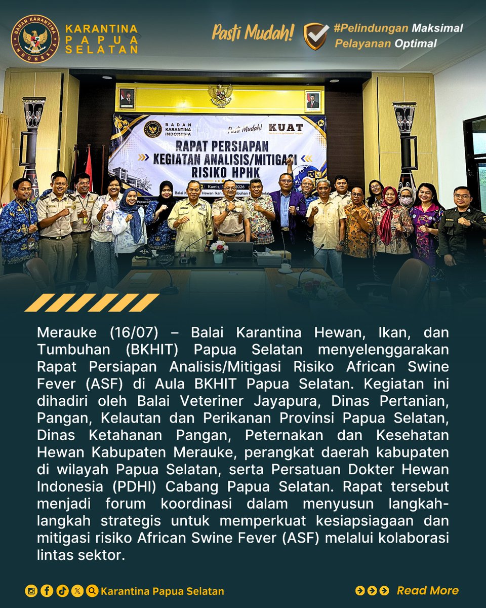 KarantinaMrauke's tweet photo. 📍Antisipasi ASF, Karantina Papua Selatan Perkuat Mitigasi Risiko

Kolaborasi ini bertujuan meningkatkan pengawasan, surveilans, biosekuriti, dan edukasi guna mencegah penyebaran ASF serta menjaga kesehatan hewan dan keamanan hayati di Papua Selatan. https://t.co/0i2OhRBBgF