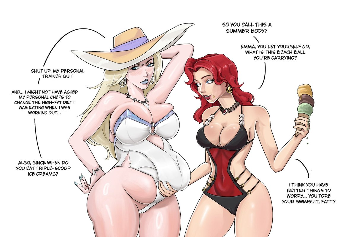 caramangio's tweet photo. Emma Frost and Black Widow go to the Beach pt.1 #weightgain #belly #stuffing #marvelrivals https://t.co/zDVxRjxDWo