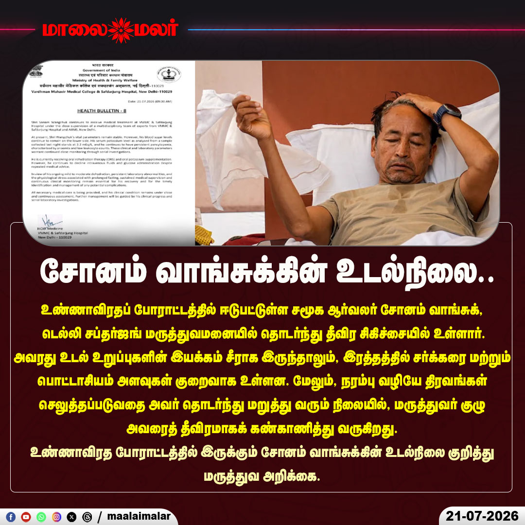 maalaimalar's tweet photo. சோனம் வாங்சுக்கின் உடல்நிலை.. உண்ணாவிரத போராட்டத்தில் இருக்கும் சோனம் வாங்சுக்கின் உடல்நிலை குறித்து மருத்துவ அறிக்கை
#SonamWangchuk #SonamWangchukHealth #SonamWangchukProtest #HungerStrike #Delhi #SafdarjungHospital #HealthUpdate #MedicalReport #ClimateActivist #Ladakh #LadakhProtest #IndiaNews #TamilNews #Maalaimalar