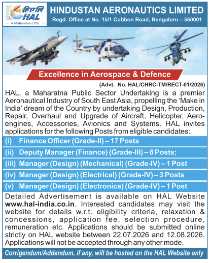 indiangovtjobs's tweet photo. ✅ Hindustan Aeronautics Limited (HAL) Recruitment 2026 Apply Online [30 Engineer & Finance Posts | Closing Date: 12 August 2026

🔗 Apply Details: https://t.co/532Vdj1ub1