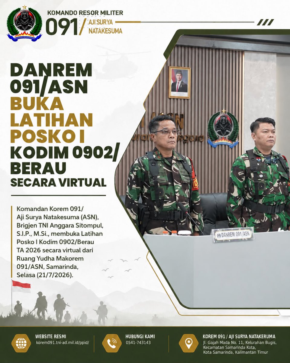 korem091asn's tweet photo. Danrem 091/ASN Brigjen TNI Anggara Sitompul, S.I.P., https://t.co/nJhyT3zAFS., membuka Latihan Posko I Kodim 0902/Berau TA 2026 secara virtual.

#Korem091ASN #TNIAD #Kodim0902Berau #LatihanPoskoI #OMSP https://t.co/EnP2bKPJm4