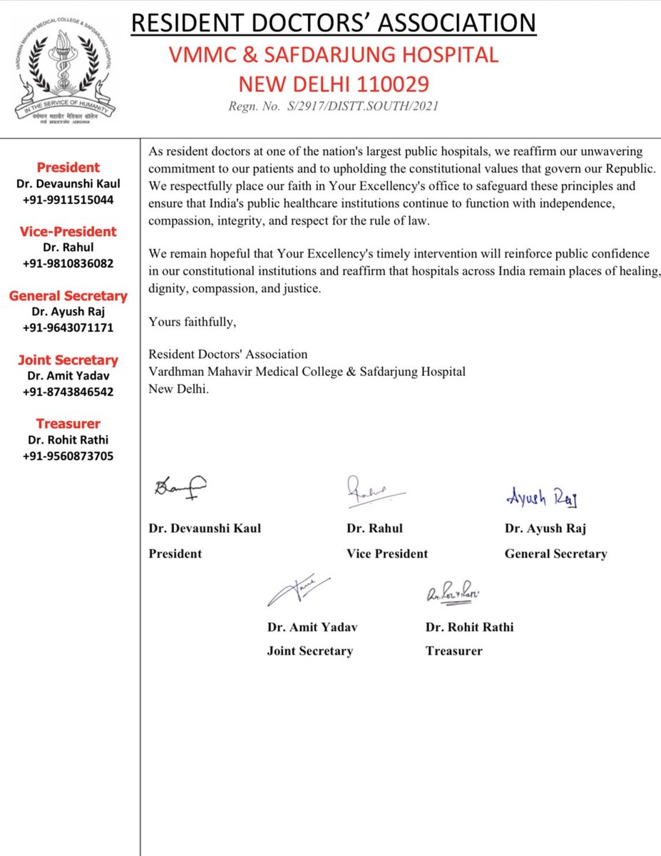 DevaunshiKaul's tweet photo. Patient autonomy is a cornerstone of ethical medical practice. The RDA, Safdarjung Hospital, stands in solidarity with Mr. Sonam Wangchuk and expresses grave concern over the damage to public trust and the reputation of our institution due to his continued restriction despite seeking LAMA. We appeal to the administration and the Government to enable his prompt discharge while ensuring his safety and well-being. Doctors must never be perceived as instruments of coercion. #PatientRights #DoctorPatientTrust #SafdarjungHospital #SonamWangchuk