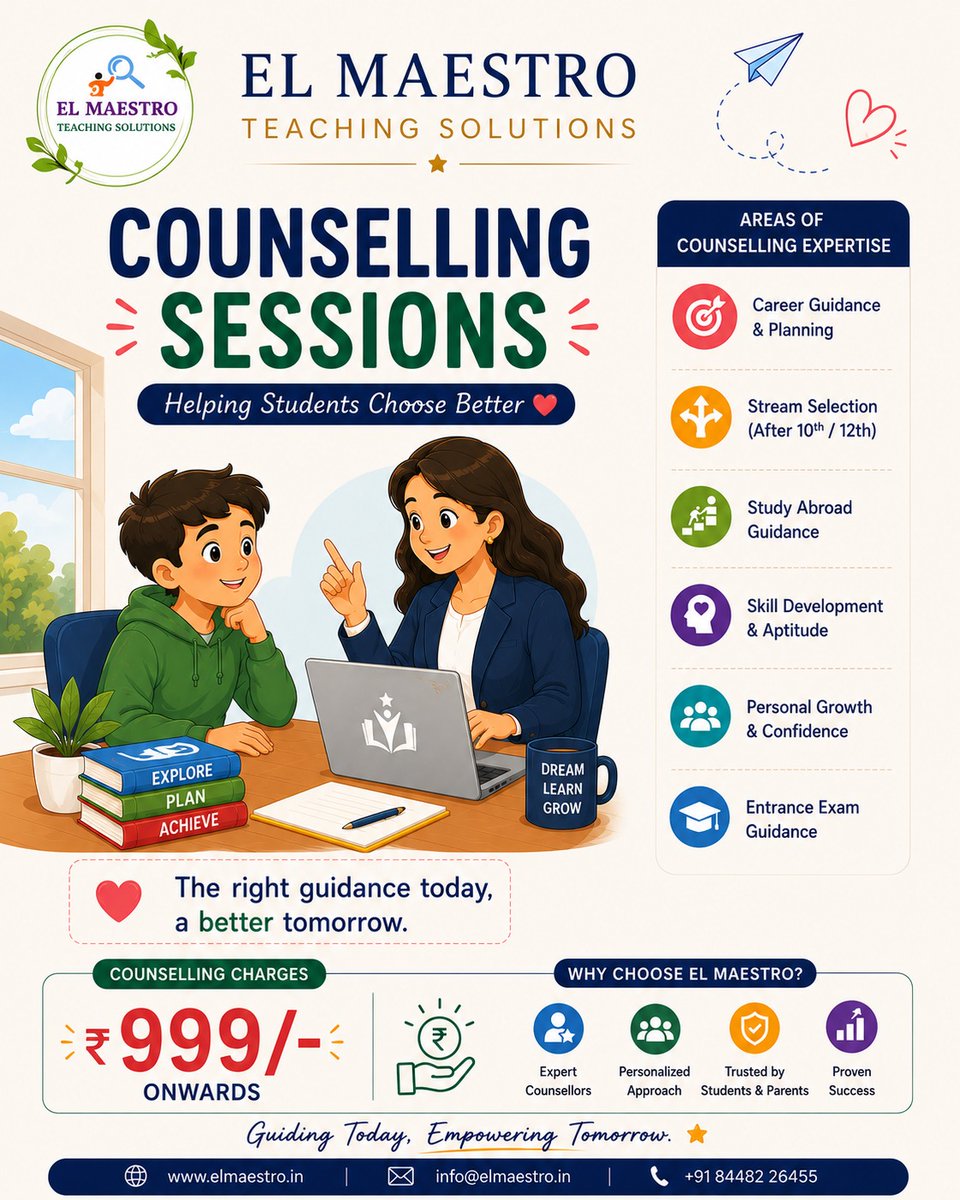 TeachingEl's tweet photo. 🌟With expert counselling at El Maestro Teaching Solutions, students can explore their strengths, make confident choices, and move towards the right career path. 
Counselling Sessions Starting at ₹999/- onwards.

🌐 https://t.co/apPi7bSF3j
📞 +91 84482 26455

#ElMaestroTeaching https://t.co/EqX6KDG0V1