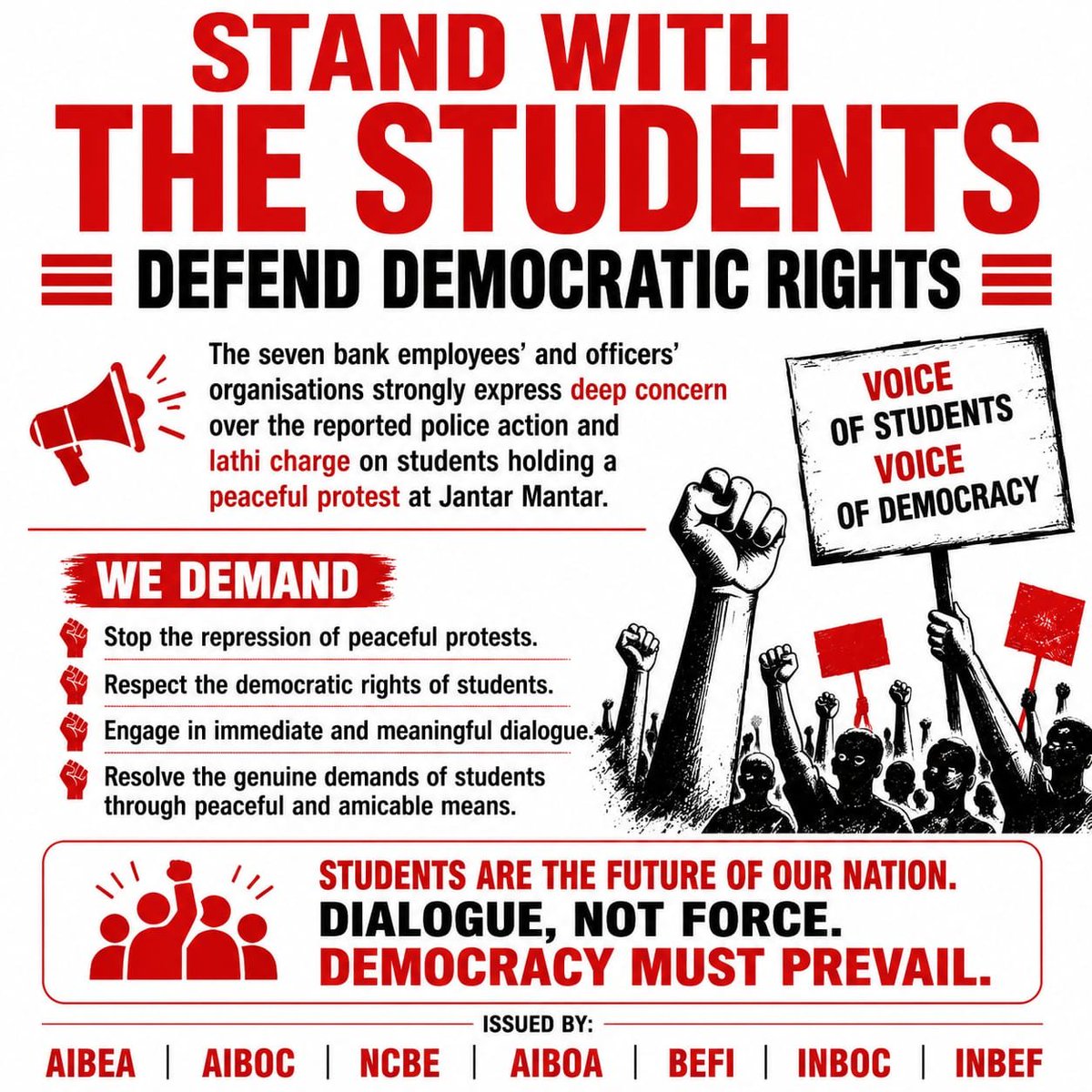 AIBEAofficial's tweet photo. Stand with the Students
Defend Democratic Rights
#AIBEA https://t.co/6Sf8jYYOuQ