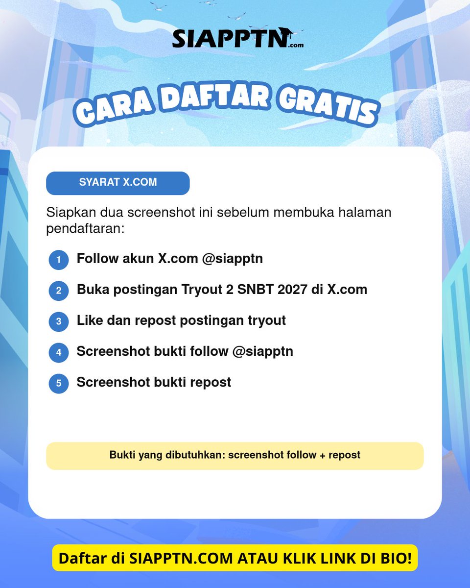siapptn's tweet photo. (1/4) TRYOUT 2 SNBT 2027 RESMI DIBUKA!

Pendaftaran gratis: 21 Juli 2026 - 3 Agustus 2026
Pengerjaan: 29 Juli 2026 - 4 Agustus 2026

Latihan SNBT bisa lewat HP atau laptop. Simpan tanggalnya! https://t.co/vJvYieCNj3