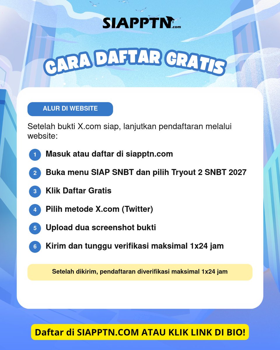 siapptn's tweet photo. (1/4) TRYOUT 2 SNBT 2027 RESMI DIBUKA!

Pendaftaran gratis: 21 Juli 2026 - 3 Agustus 2026
Pengerjaan: 29 Juli 2026 - 4 Agustus 2026

Latihan SNBT bisa lewat HP atau laptop. Simpan tanggalnya! https://t.co/vJvYieCNj3