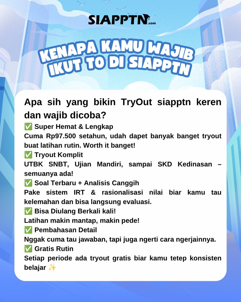 siapptn's tweet photo. (1/4) TRYOUT 2 SNBT 2027 RESMI DIBUKA!

Pendaftaran gratis: 21 Juli 2026 - 3 Agustus 2026
Pengerjaan: 29 Juli 2026 - 4 Agustus 2026

Latihan SNBT bisa lewat HP atau laptop. Simpan tanggalnya! https://t.co/vJvYieCNj3