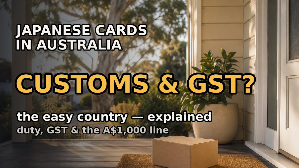 JapanTCGSamurai's tweet photo. Buying Japanese cards in Australia — customs? GST? 🇦🇺

Good news: it's one of the easy ones. Our honest guide to the small base rate, the A$1,000 line, and why duty and GST are two different things.

▶ https://t.co/AdKNwkA5Zo

#JapaneseCards #Pokemon #OnePiece #TCG https://t.co/ttrX5ZstM7