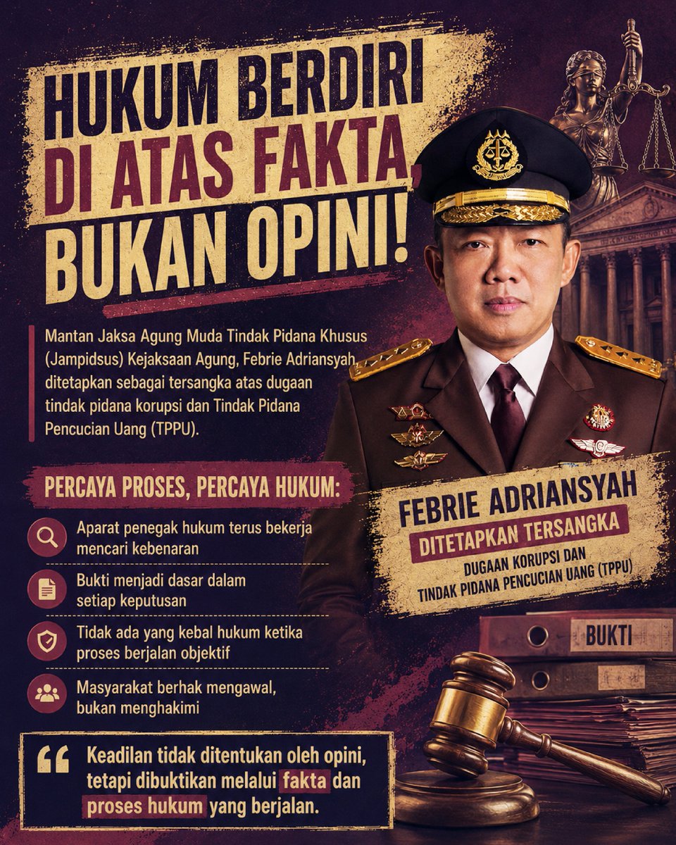 gebianne's tweet photo. Keadilan tidak ditentukan oleh opini, tapi fakta dan proses hukum. Kita kawal kasus mantan Jampidsus ini bersama-sama. Tidak ada yang kebal hukum! #jagaindonesia #lawankorupsi #hukumadil https://t.co/SB6Zoxanze
