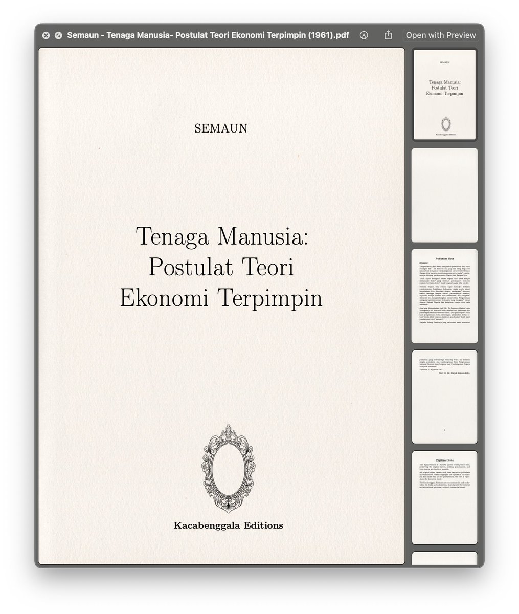 KacabenggalaEds's tweet photo. Tenaga Manusia: Postulat Teori Ekonomi Terpimpin karya Semaun menelusuri sejarah formasi ekonomi, teori nilai, modal, dan nilai perlebihan, lalu menawarkan ekonomi terpimpin sebagai jalan menuju industrialisasi, pemerataan, dan sosialisme Indonesia.

https://t.co/pAM3UzQ5YA https://t.co/tZp5pGNxn7