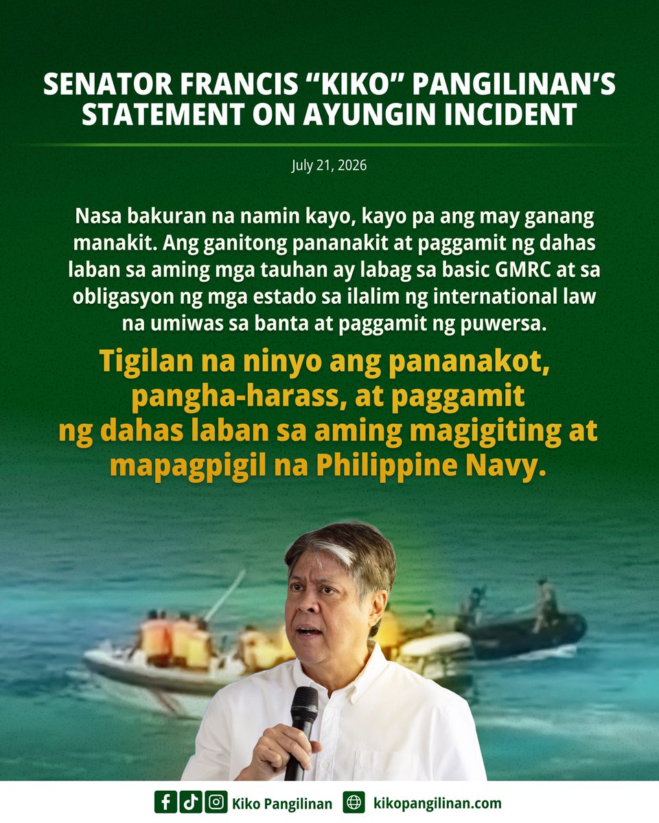 kikopangilinan's tweet photo. Nasa bakuran na namin kayo, kayo pa ang may ganang manakit. Ang ganitong pananakit at paggamit ng dahas laban sa aming mga tauhan ay labag sa basic GMRC at sa obligasyon ng mga estado sa ilalim ng international law na umiwas sa banta at paggamit ng puwersa.

Tigilan na ninyo ang pananakot, pangha-harass, at paggamit ng dahas laban sa aming magigiting at mapagpigil na Philippine Navy, na nagsasagawa lamang ng lehitimo at ligal na resupply at sustainment mission sa loob ng ating sariling EEZ.

Nananawagan tayo sa Department of Foreign Affairs na agad magsumite ng isang matibay na diplomatic protest. Ipabatid ang insidenteng ito sa ASEAN at sa iba pang mga bansang kaalyado natin. At gamitin ang lahat ng ligal at diplomatikong paraan, kabilang ang malinaw na 2016 Arbitral Award. Lahat ng ito upang papanagutin ang China, palakasin ang suporta ng pandaigdigang komunidad, at ipagtanggol ang karapatan ng Pilipinas, ang kaligtasan ng ating mamamayan, at ang kapayapaan sa West Philippine Sea.