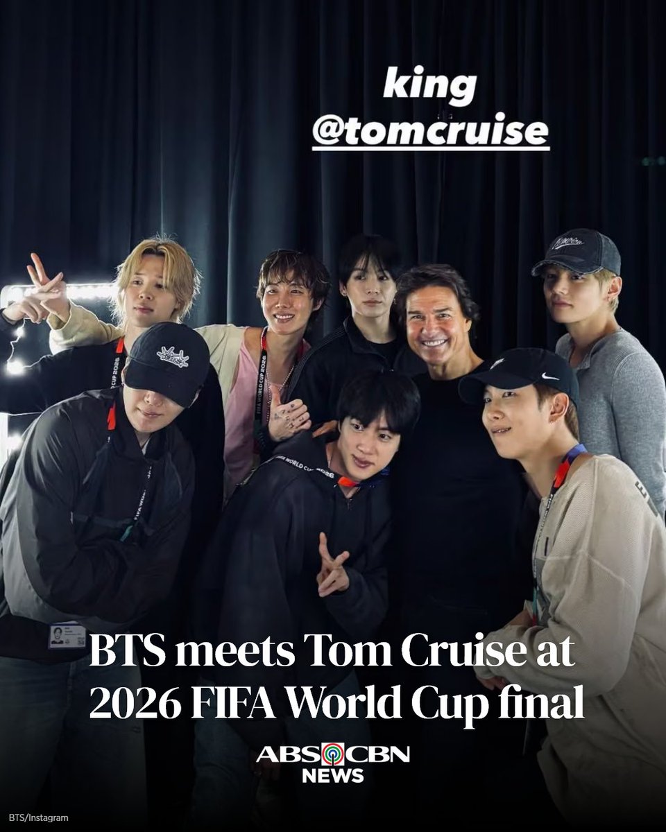 ABSCBNNews's tweet photo. WHEN LEGENDS MEET 🤝

BTS crossed paths with some of the world's biggest stars during their 2026 FIFA World Cup performance, including Hollywood actor Tom Cruise, whom they met backstage.

Here's a closer look at their interaction: https://t.co/pcwvzefENz https://t.co/rc3k92d6lK