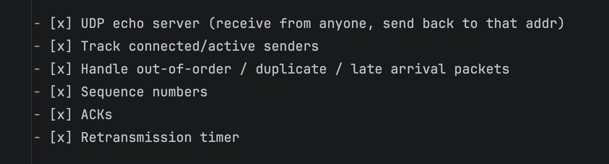 rohitdevsol's tweet photo. done with phase 1 of mini-quic today

raw UDP → sequence numbers → ACKs → retransmission timer

the moment the retransmit task fired on a dead server and kept retrying without crashing hit different

phase 2 next.

repo: 
https://t.co/uobPv0rXwq https://t.co/WaK0R77TsA