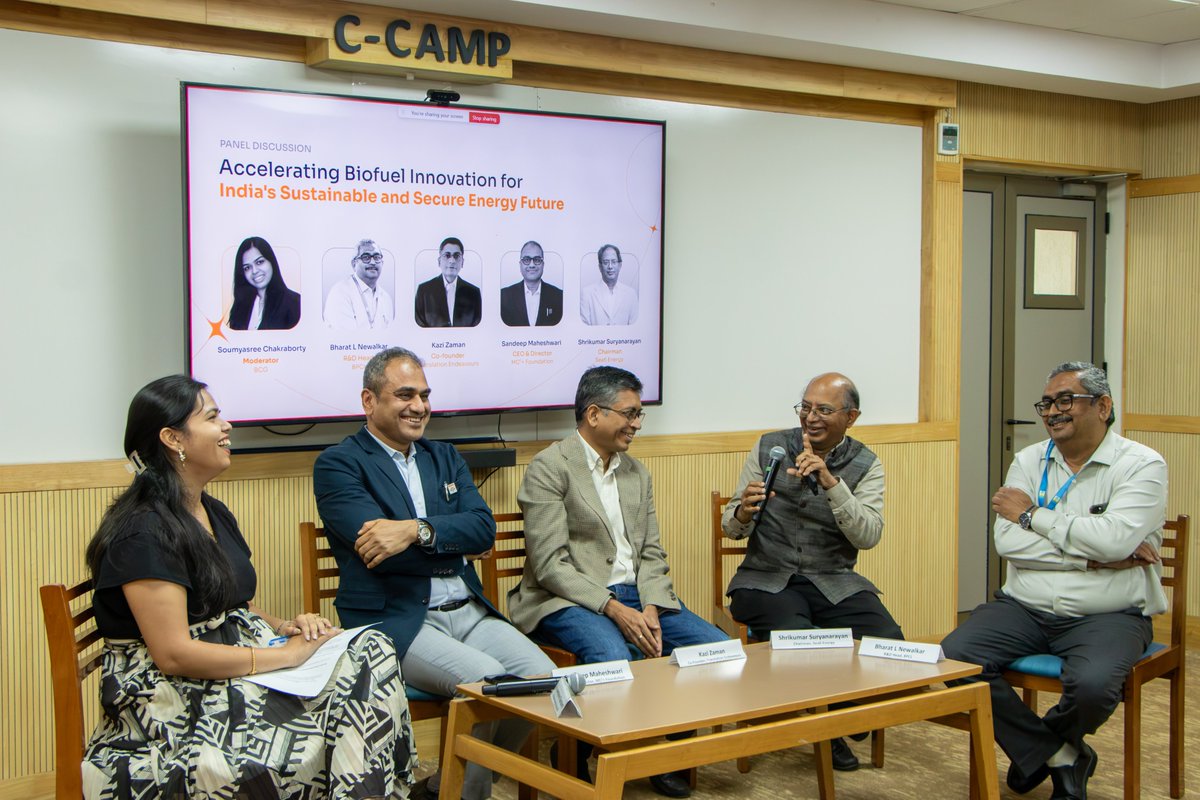 CCAMP_India's tweet photo. We witnessed a very exciting Panel Discussion at the MC²+ Grand Innovation Challenge Launch in C-CAMP on next-gen diesel blending fuels — 

Accelerating biofuel innovation for India's sustainable and secure energy future | Moderated by Ms. Soumyasree, Partner @BCG | Panelists:
• Dr. Bharat L. Newalkar, Head R&D, @BPCLimited 
• Mr. Kazi Zaman, Co-founder, Translation Endeavors
• Mr. Shrikumar Suryanarayan, Chairman, @Sea6Energy 
• Shri Sandeep Maheshwari, CEO, MC²+ Foundation @MCSquarePlus 

Key takeaways:
** Major ways to unlock India's potential in biofuel innovation include developing India-centric biofuel production, and de-risking available technologies and commercialising them. Additionally, set-up processes for hydrothermal liquefaction that will enable large scale conversion of wet biomass into crude.

** Sourcing of biomass such as agri waste is a fragmented process in India. There are significant logistics, implementation and last-mile gaps which need proper systematisation and centralisation for any biofuel initiative to succeed. 

** For biofuels such as Compressed Bio Gas (CBG) to emerge as a serious alternative, there should a  transformational push similar to the National Solar Mission—one that enables cost competitiveness with conventional fossil fuels, similar to how solar power achieved grid parity with thermal power.

** Investors shy away from pushing capital in biofuels not because of technical failures of innovations but commercial risks. TRL 3 to TRL 9 can be addressed through technology development but beyond TRL 9 it is a commercialisation issue. Most of India's biofuel dreams are failing at this level.

#CCAMP #biofuel #energy

@HardeepSPuri @Taslimarif_IND @PetroleumMin @TheSureshGopi @HPCL @CHTMOP @Sea6Energy @shri_sury @PrinSciAdvOff @PrinSciAdvGoI @DBTIndia @IndiaDST @CSIR_IND @startupindia @DPIITGoI @BIRAC_2012 @NITIAayog @AIMtoInnovate @rajesh_gokhale @meitystartuphub

@thekjgeorge @PriyankKharge @ITBTGoK @Startup_Kar @Ktech_biotech