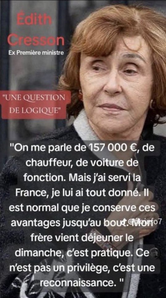 ErickSimon14137's tweet photo. @tripam17 La honte ne vous étouffe pas Mme #Cresson !!! 10 mois Premier Ministre impopulaire et vous appelez ça avoir donnée pour la France pour garder 35 ans de privilèges à 157.000€ par an payés par le contribuable… 
Du balai… 🧹 😡🤡 https://t.co/crdsavnu9e