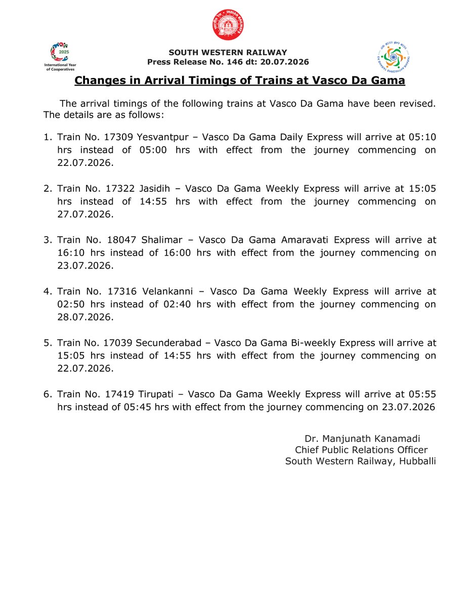 SWRRLY's tweet photo. Kindly note the changes in arrival timings of trains at Vasco Da Gama.
#SWRupdates https://t.co/s0i83qzJyr
