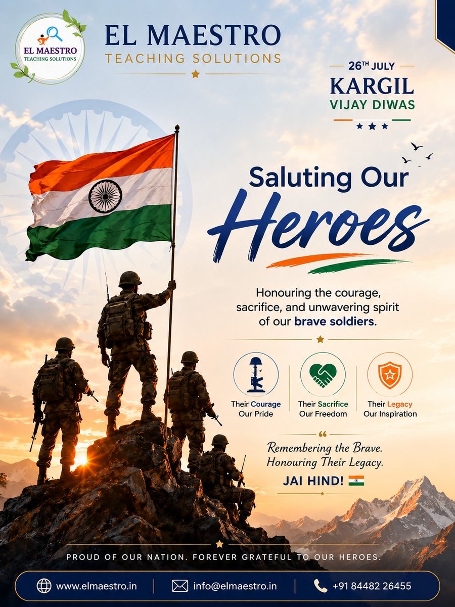 TeachingEl's tweet photo. 🇮🇳On this Kargil Vijay Diwas, we pay our heartfelt tribute to the brave soldiers whose courage, sacrifice, and unwavering dedication protect our nation's pride and freedom.
Remembering the Brave. Honouring Their Legacy.
Jai Hind! 🇮🇳
📞 +91 84482 26455

#KargilVijayDiwas #JaiHind https://t.co/MifJeEFISc