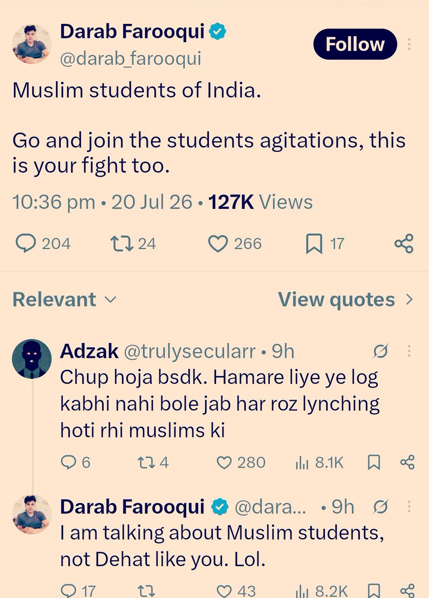 Roaman_'s tweet photo. यह दारुबाज फारूकी कह रहा नीट मुसलमान स्टूडेंट की लड़ाई है

कश्मीर के माता वैष्णव कॉलेज मे 50 मे से 42 मुसलमान स्टूडेंट NEET क्वालीफाई कर के ऐडमिशन लिए थे

जिसके विरोध में उस कॉलेज की मान्यता ही रद्द कर दी गई तब अपनी गांव में खिरा डाल कर यौन सुख लेने वाला दारुबाजा फारूकी कहा था। https://t.co/QSNcEjrmig