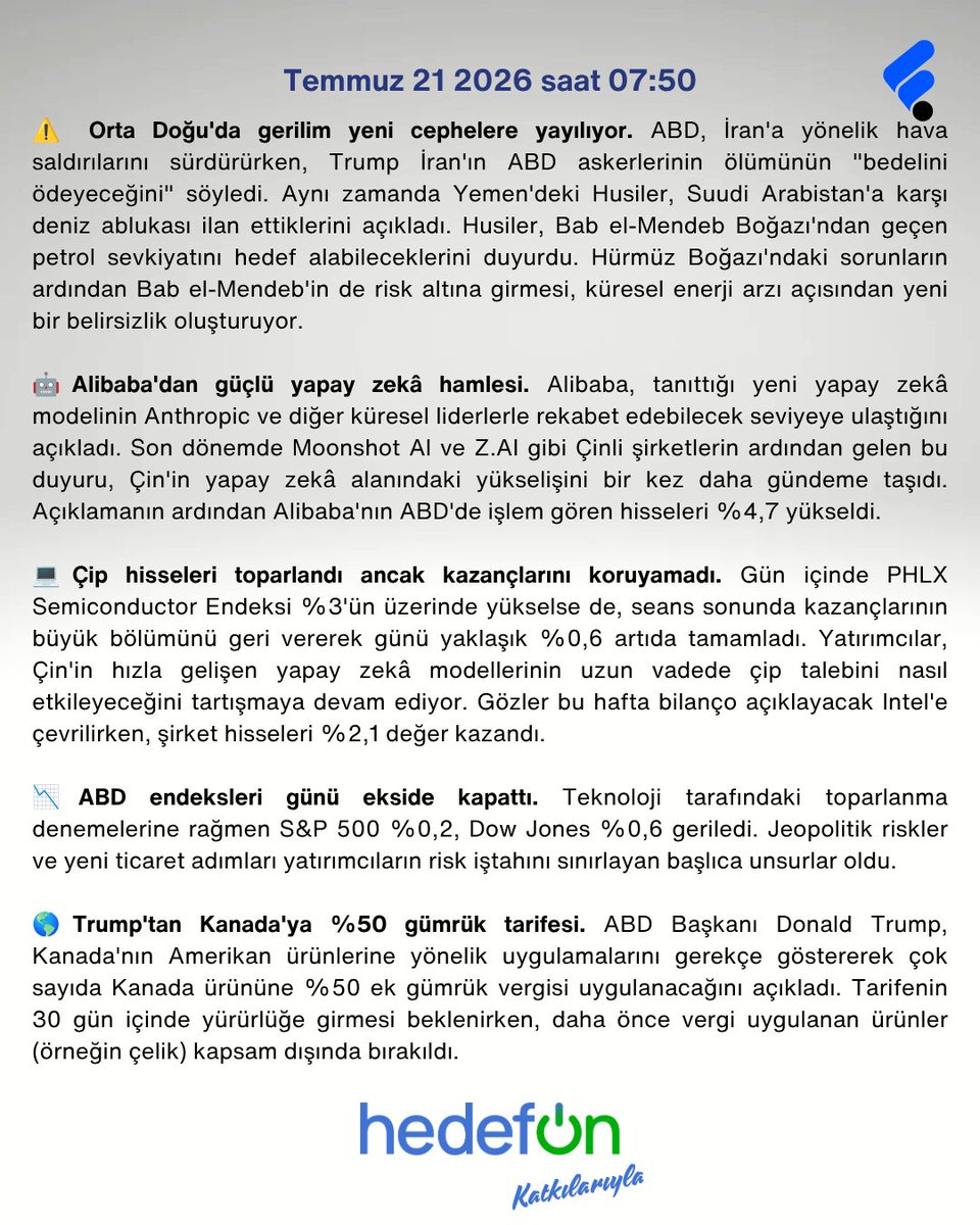 FonTurkey's tweet photo. ☕️ Bilanço sezonu başlıyor ama piyasaların gözü hâlâ jeopolitik risklerde.

Günün rakamları ve önemli haberler
HedefOn - @Hedefonapp katkılarıyla 
Günaydın Kahvesi'nde;

Bu hafta küresel piyasaların odağında iki ana başlık var. ABD'de Tesla ve Alphabet ile başlayacak bilanço sezonu teknoloji hisselerinin yönünü belirlerken, Orta Doğu'da artan gerilim ve Goldman Sachs'ın Brent petrol için 120 dolar senaryosu enerji fiyatlarını yakından izlememize neden oluyor.

Yapay zekâ tarafında rekabet hız kesmiyor. Alibaba'nın yeni modeli Çinli teknoloji şirketlerine yönelik beklentileri desteklerken, yatırımcılar bu gelişmelerin çip şirketleri ve teknoloji devlerinin bilançolarına nasıl yansıyacağını takip ediyor.

Yurt içinde ise BIST 100 haftaya 14 bin puanın üzerinde başlarken, bankacılık hisseleri zayıf, holding ve sanayi hisseleri ise daha güçlü bir görünüm sergiledi. TCMB'nin Piyasa Katılımcıları Anketi de enflasyon beklentilerinde temkinli seyrin sürdüğüne işaret etti.

📊 Günün piyasaları, öne çıkan rakamlar ve tüm detaylar görsellerde.

📝 Yazıya katkıları için HedefOn'a - @Hedefonapp teşekkürler.
Karmaşadan uzak, rahat bir fon yatırım deneyimi için HedefOn yanında. Fonları keşfet, karşılaştır, yatırımını kolayca yönet.

📲 HedefOn'u hemen indir:
https://t.co/nnyKBOVoQc

#isbirligi #tanıtım