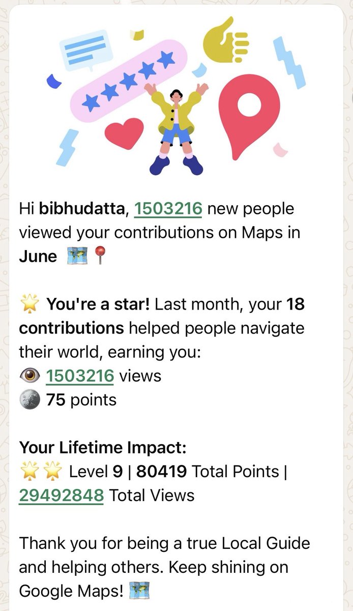 Bibhu_PB's tweet photo. Thanks a Lot @googlemaps Happy to be part of the journey. 1503216 new people viewed your contributions on Maps in June🗺️📍
🌟 *You're a star! Last month your contributions helped people navigate their world.
Your Lifetime Impact: 🌟🌟 Level 9
#googlemap #map https://t.co/gnBzYyTx1A
