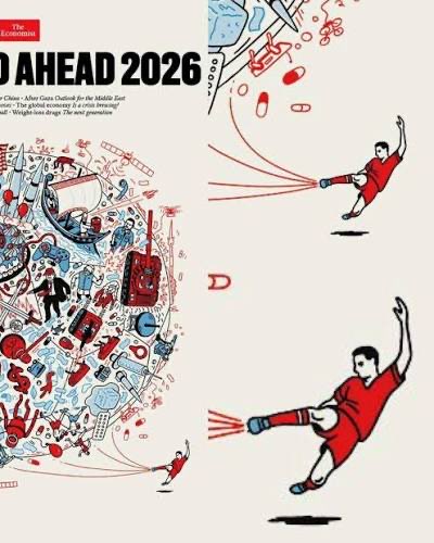 lmolfino's tweet photo. @Lavozgalactica Todo orquestado. Argentina fue amenazado en el vestuario para que se deje ganar. España jugó muy bien pero Argentina no jugó. Vean la portada de la revista The Economist - The world ahead 2026. Rojos contra celestes. Rojo pateando gol. Truman show para las masas. https://t.co/Qn4zA3ZuKo