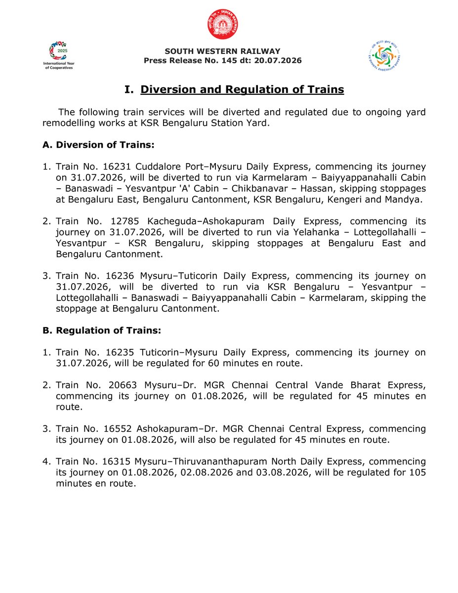 SWRRLY's tweet photo. Kindly note:
The following train services will be diverted and regulated due to ongoing yard remodelling works at KSR Bengaluru Station Yard.
#SWRupdates https://t.co/ruMY0YHmku