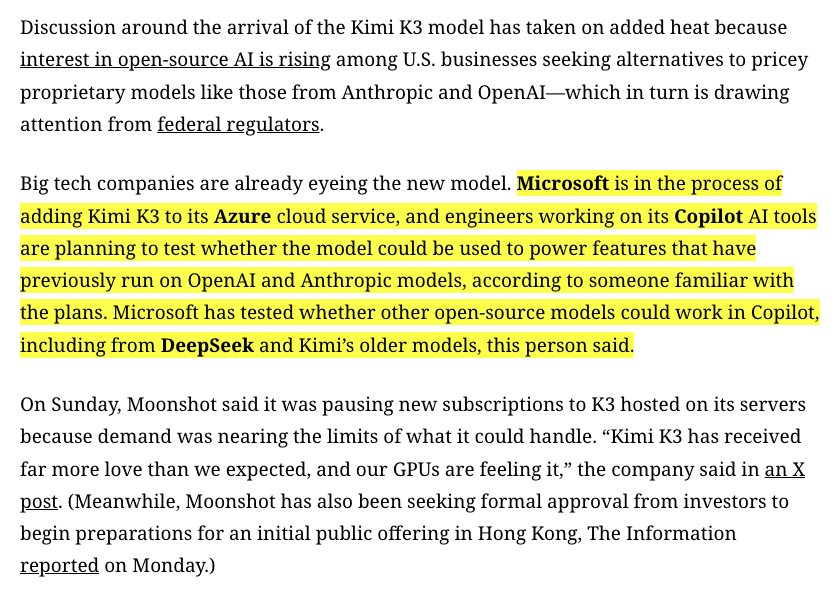 Highlighted article excerpt saying Microsoft is adding Kimi K3 to Azure and testing whether it can power Copilot workloads now handled by OpenAI and Anthropic models