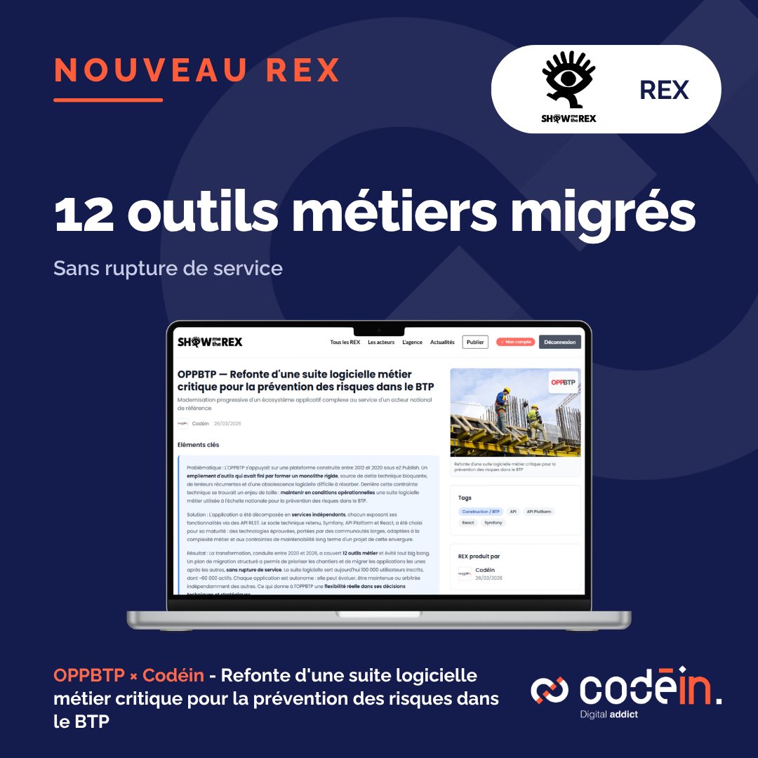 wearecodein's tweet photo. Comment migrer 12 outils métiers critiques à l’échelle nationale sans aucune rupture de service ? 🤔

Découvrez le nouveau REX complet de la refonte de l'écosystème de l'OPPBTP.

👇 Lien de l'article complet à retrouver dans les commentaires !

#Codein #Tech #Innovation #Symfony https://t.co/N7l5B5aGvy
