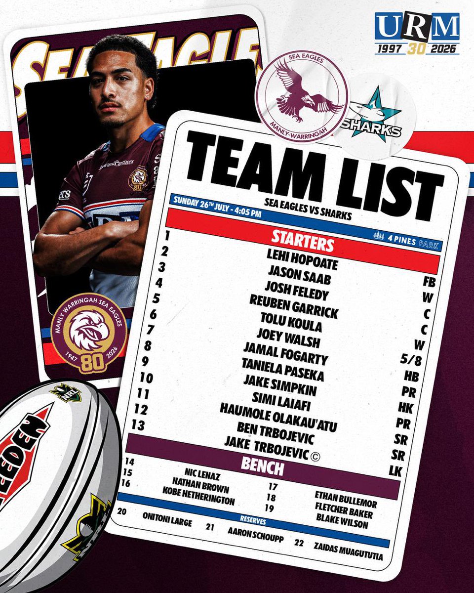 SeaEagles's tweet photo. Team for our Sunday afternoon clash against the Sharks https://t.co/lHqUdHLTVH