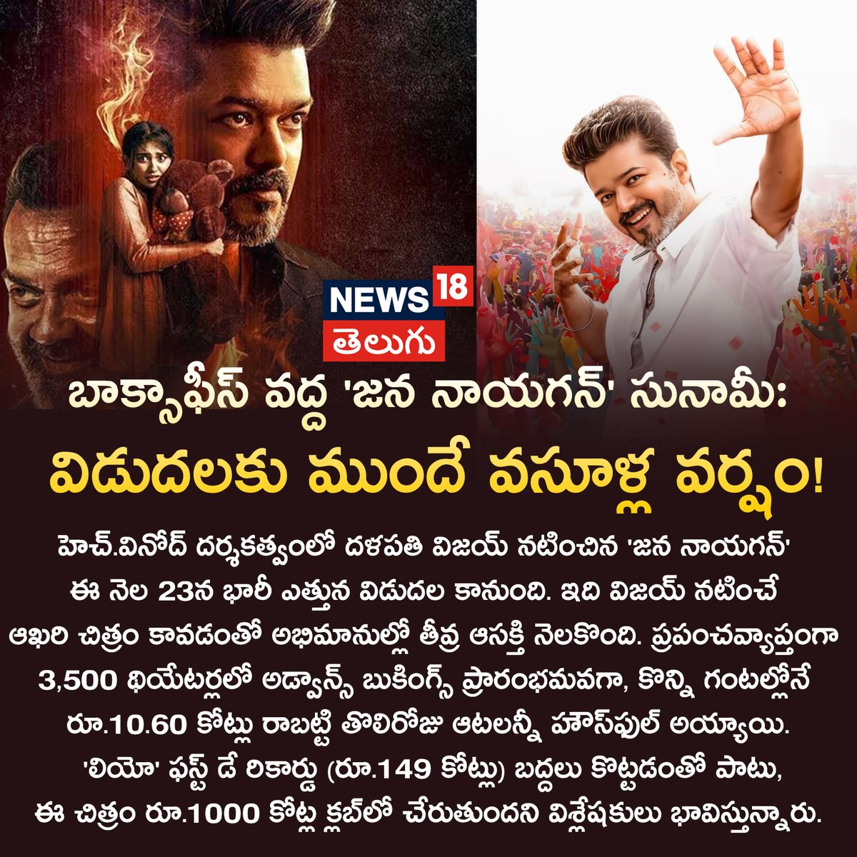 News18Telugu's tweet photo. బాక్సాఫీస్ వద్ద 'జన నాయగన్' సునామీ..
#JanaNayagan #ThalapathyVijay #HVinoth #BoxOfficeRecords #tamilcinema https://t.co/KPd4Mt1g06
