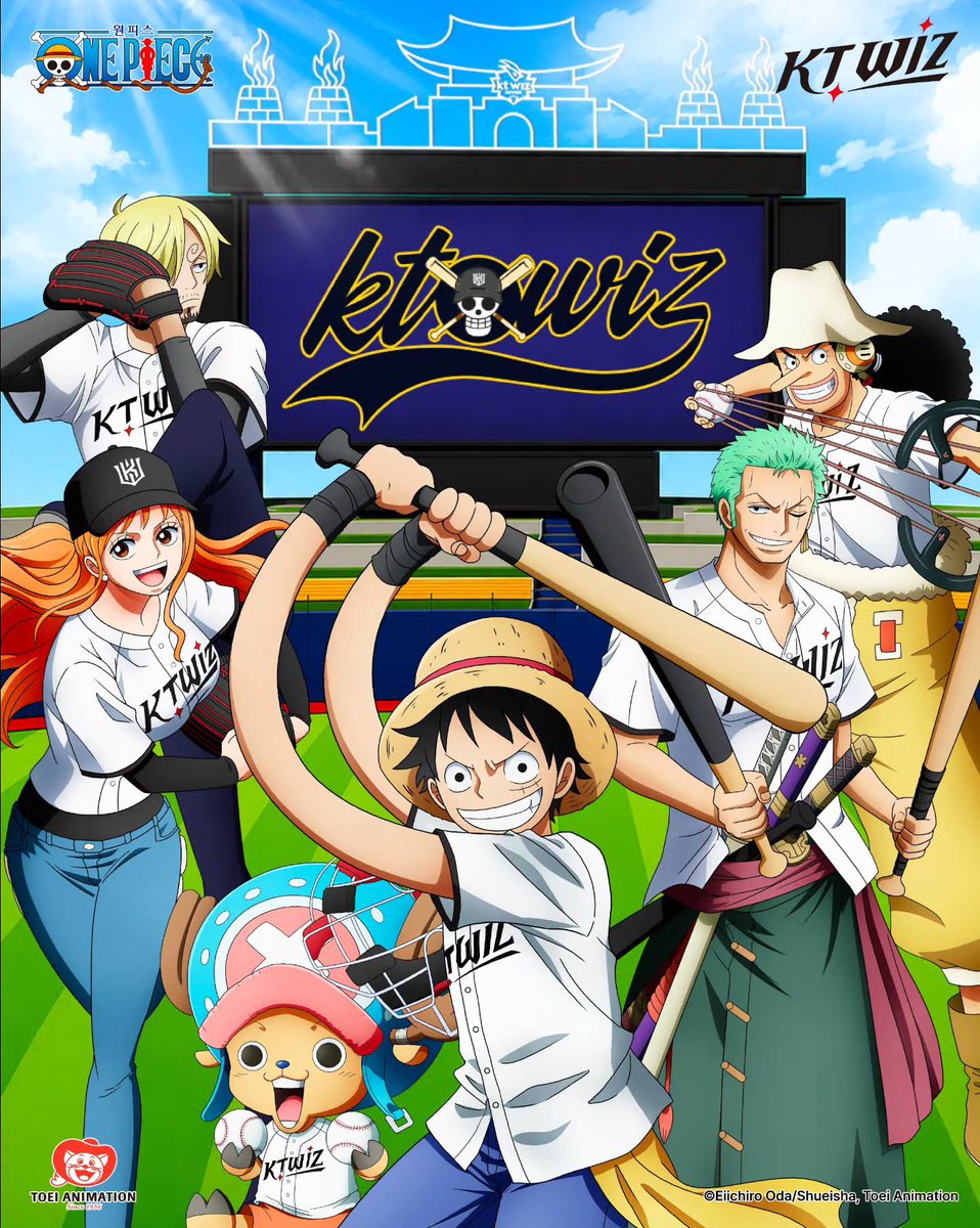 wizyagu's tweet photo. 🏴‍☠️ 【kt wiz I ONE PIECE】

밀짚모자 일당의 새로운 목적지는
바로 수원 KT위즈파크!⚾

kt wiz의 유니폼을 입은 
루피와 동료들의 스페셜 비주얼 공개!

뜨거운 여름,
밀짚모자 일당과 kt wiz가 펼치는 마법 같은 항해가 시작됩니다!

📅 2026. 7. 31 – 8. 2 https://t.co/7lQNM05jKn