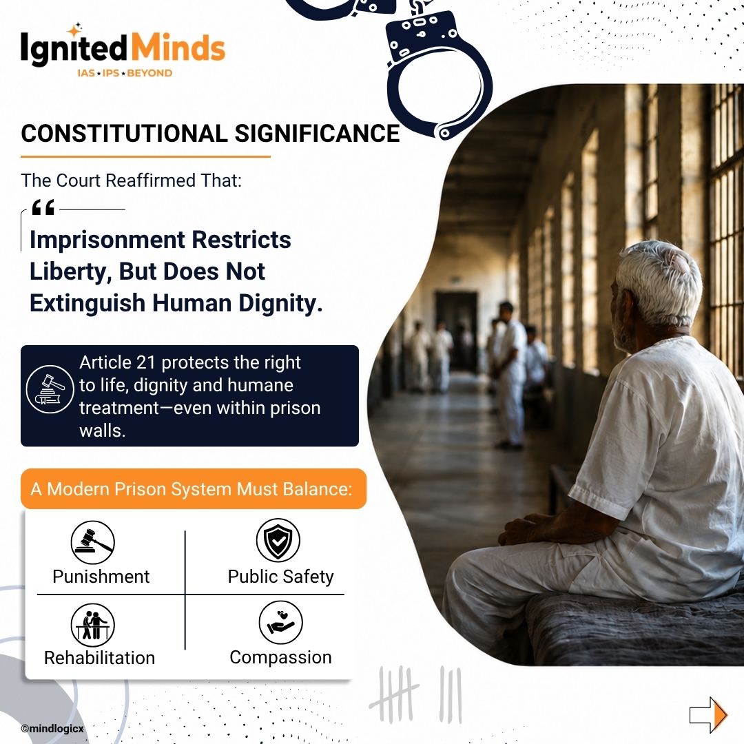 IgnitedmindsA's tweet photo. Imprisonment restricts liberty. It does not extinguish dignity.  SC 

Supreme Court directs all States to frame compassionate-release policies for elderly &amp; terminally ill prisoners within 3 months.

Article 21 applies inside prison walls too.

#UPSC2026 #Article21 #PrisonReforms https://t.co/e7UspH55ut