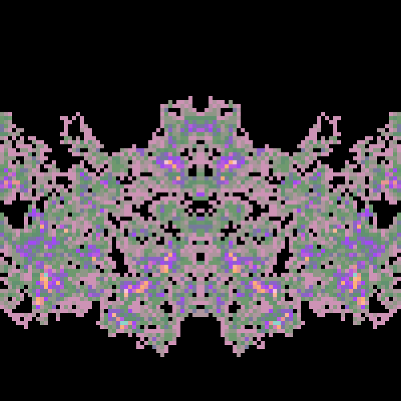 PatternRandom's tweet photo. Low-res mirrored palettewalk
iterations=7429,levels=18,seed=187265236,cols=6,c1=cd93b5,c2=5a9b5f,c3=a645fd,c4=fbae71,c5=f9c8e4,c6=07e1ad https://t.co/tLEygmOw6N
