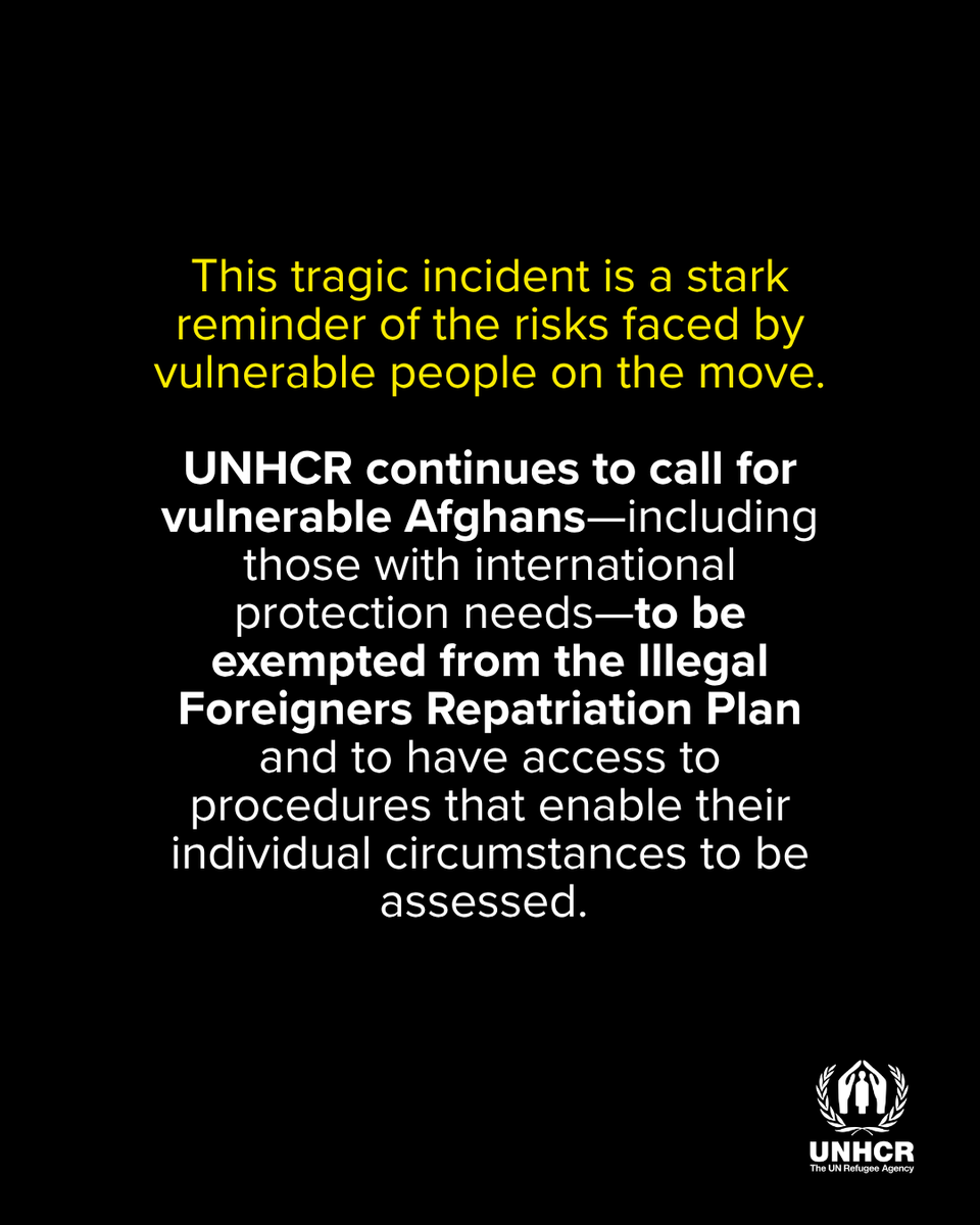 UNHCRPakistan's tweet photo. UNHCR is deeply saddened by the tragic loss of three returning Afghans in flash flooding travelling to the Torkham border.

Our heartfelt condolences go to their family. This tragedy underscores the need to ensure protection, safety, &amp; dignity for vulnerable people on the move. https://t.co/kXChBxTrKN