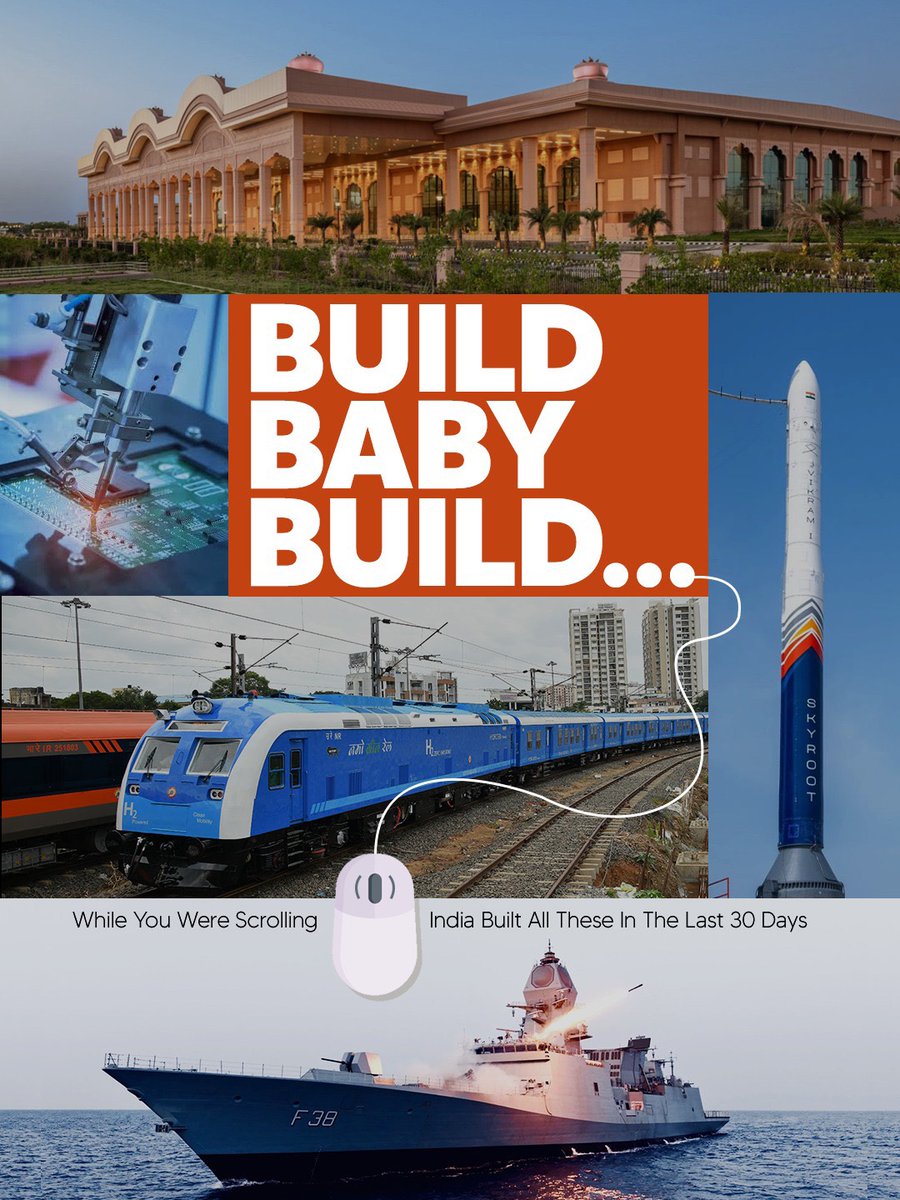 BJP4India's tweet photo. India's Progress Never Takes Pause!

While you were scrolling, India built all this in the last 30 days. From the magnificent Jodhpur Airport Terminal and the successful launch of Skyroot Aerospace's Vikram-1 to the world's most powerful hydrogen train, India's third semiconductor plant, the country's first Greenfield Integrated Refinery-cum-Petrochemical Complex, and 75 Amrit Stations across 20 states, India continues to achieve milestone after milestone across infrastructure, technology and innovation.

#IndiaGrowthStory
#IndiaOnTheRise
