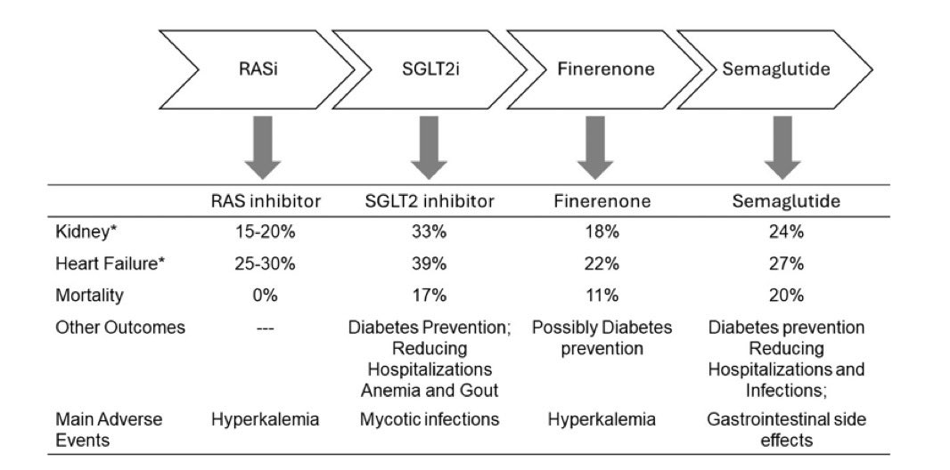drbennisahmed's tweet photo. Four Pillars of Kidney &amp; Cardiovascular Protection in Diabetes 

🔹 RASi → Kidney -15-20% | HF -25-30%
🔹 + SGLT2i → Kidney -33% | HF -39% | Mortality -17%
🔹 + Finerenone → Kidney -18% | HF -22% | Mortality -11%
🔹 + Semaglutide → Kidney -24% | HF -27% | Mortality -20% https://t.co/3fUHvAKUcV