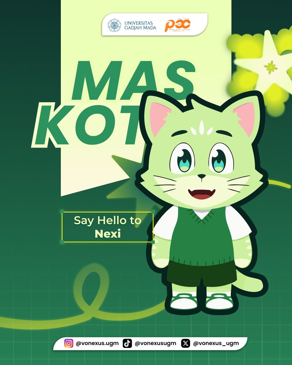 vonexus_ugm's tweet photo. And here we go, let us introduce the official 𝗺𝗮𝘀𝗰𝗼𝘁 𝗼𝗳 𝗩𝗢𝗡𝗘𝗫𝗨𝗦 𝟮𝟬𝟮𝟲, Nexi! 💚🐱

#VONEXUSUGM2026  #UGM #PCCSVUGM
_________

Instagram: @vonexus.ugm
Tiktok: @vonexusugm
Twitter/X: @vonexus_ugm
Linkedin: Vonexus UGM https://t.co/oISDrE1CjX